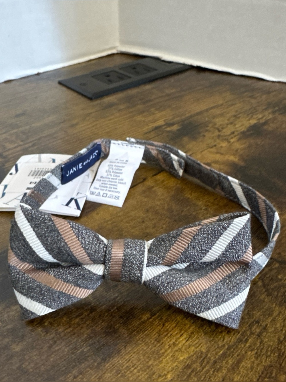 NWT Janie and Jack SPECIAL OCCASION Grey Brown White Striped Bow Tie Size 2 to 5
